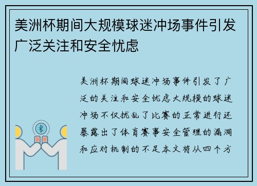 美洲杯期间大规模球迷冲场事件引发广泛关注和安全忧虑