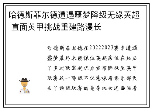 哈德斯菲尔德遭遇噩梦降级无缘英超 直面英甲挑战重建路漫长